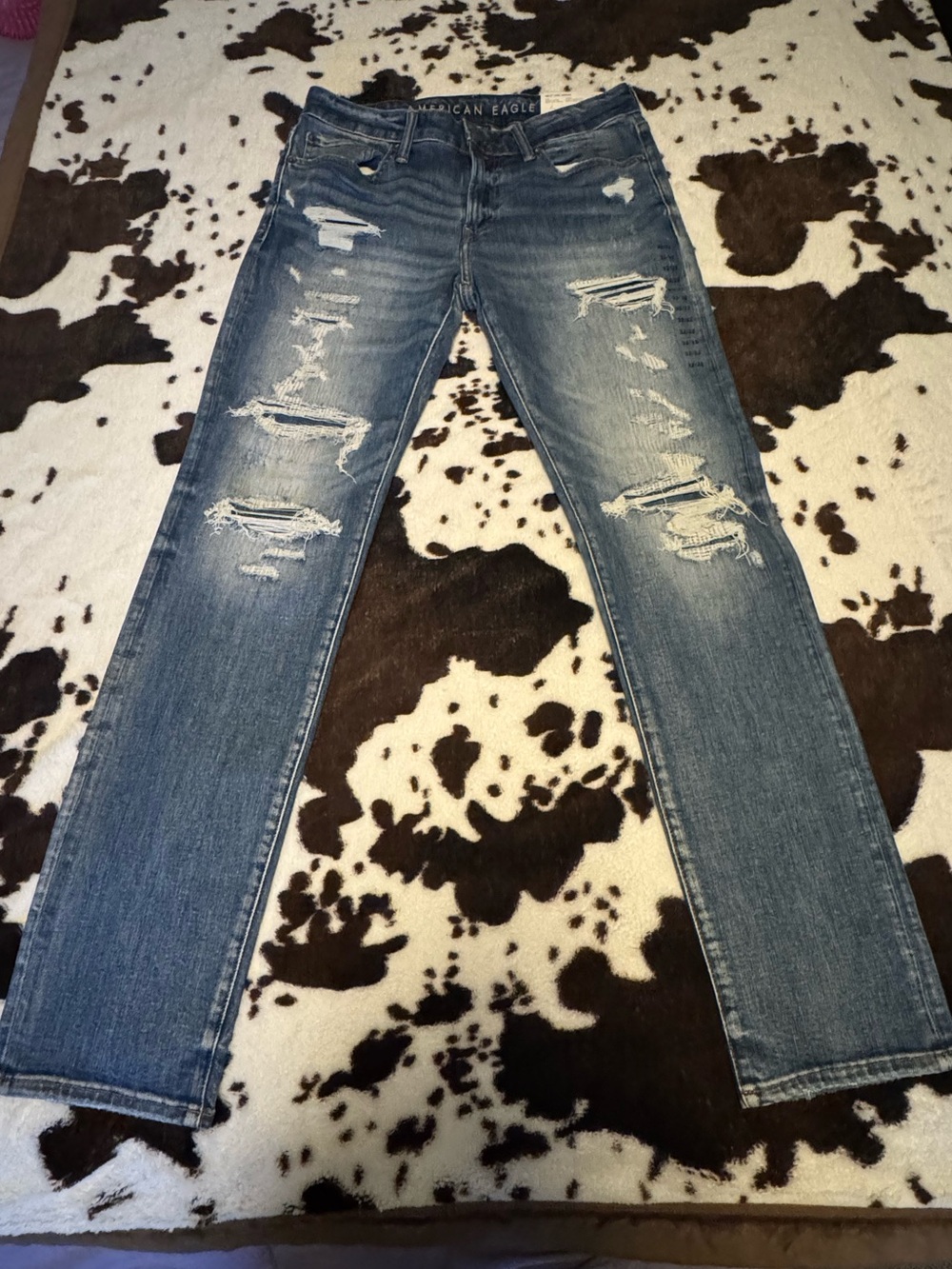American Eagle Outfitters Men’s Ripped Medium Blue Slim Straight Jeansu